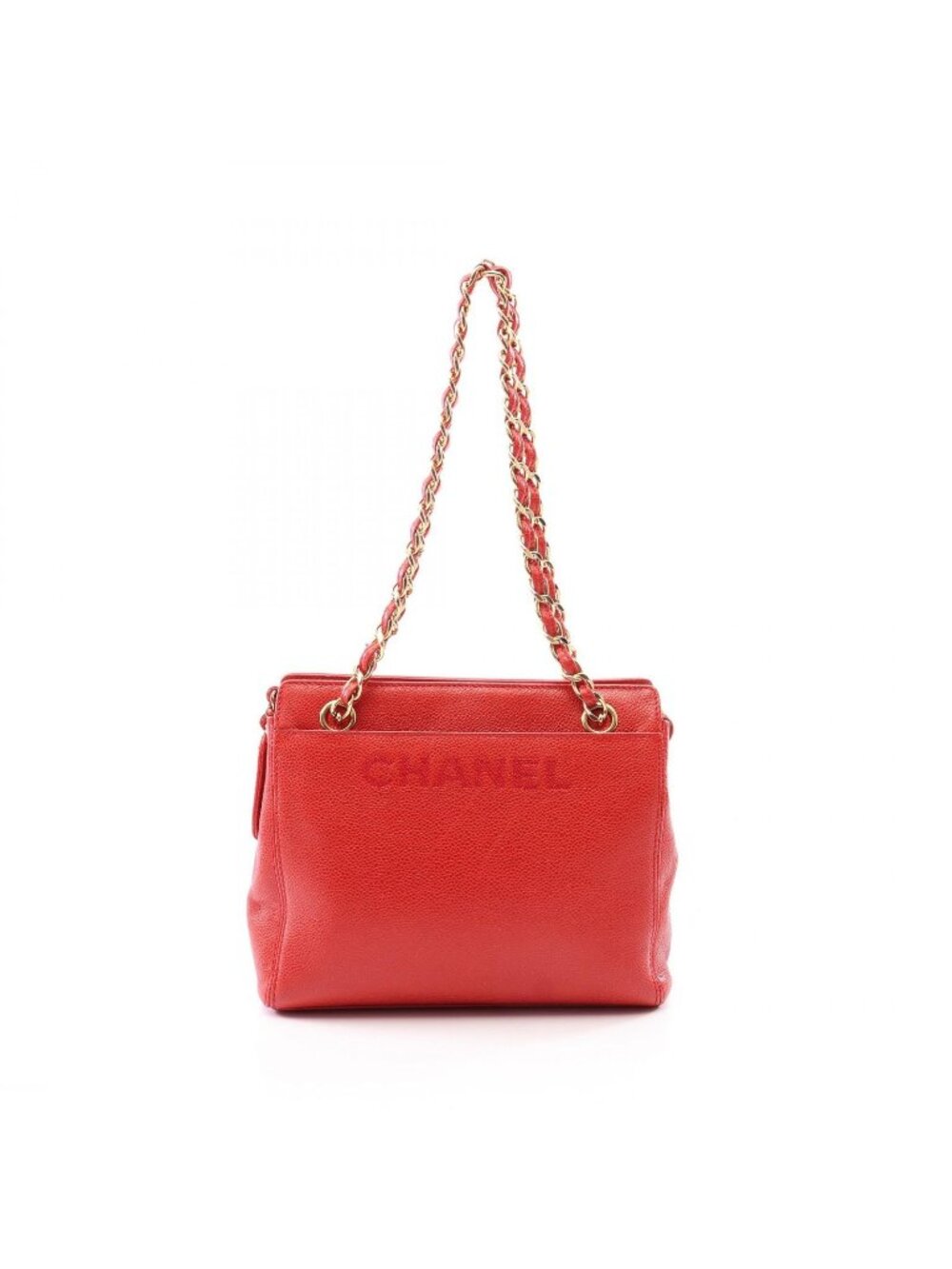 Chanel Shoulder Bag Logo Red Caviar Leather Chain